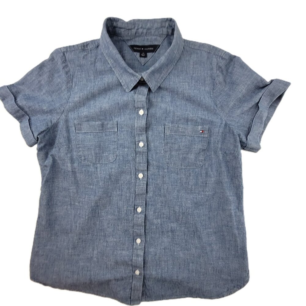 Tommy Hilfiger Shirt Womens L Blue Chambray Cotton Button Pockets Collar